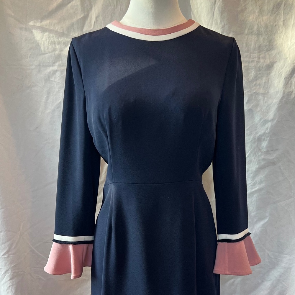 The Fold London Rosnaree Dress, Satin-Back Crepe in Navy with Pink Cuffs